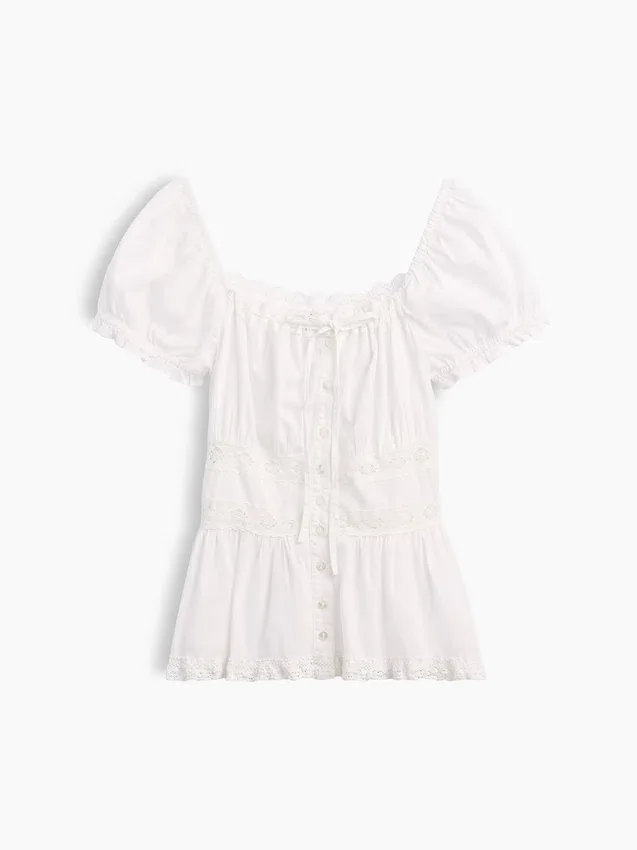 Blusa con peplum y ribete de encaje, cuello cuadrado