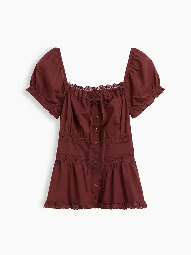 Blusa con peplum y ribete de encaje, cuello cuadrado