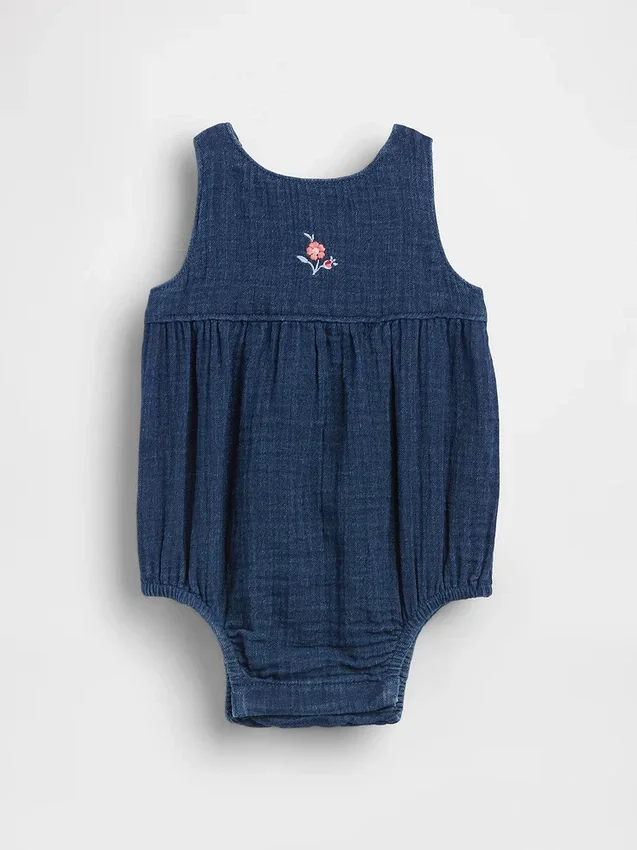 Body de denim con volantes de gasa de algodón para bebé