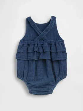 Body de denim con volantes de gasa de algodón para bebé
