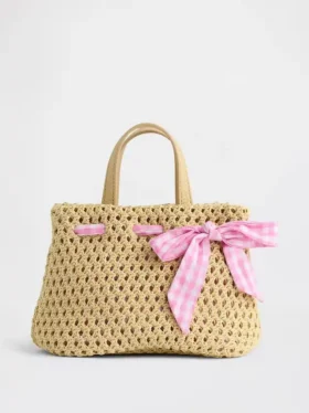 Bolso de paja con lazo de cuadros vichy para niños pequeños