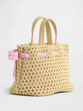Bolso de paja con lazo de cuadros vichy para niños pequeños