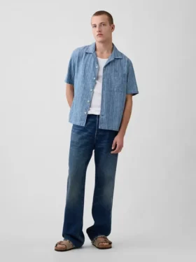 Camisa de vacaciones de denim con tejido dobby