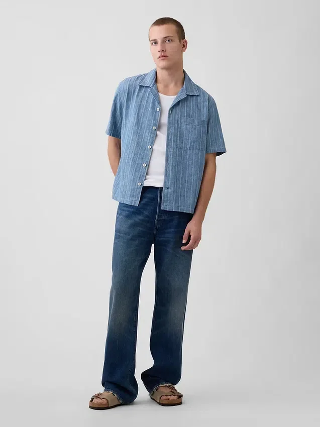 Camisa de vacaciones de denim con tejido dobby
