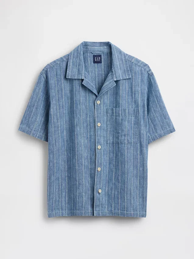 Camisa de vacaciones de denim con tejido dobby