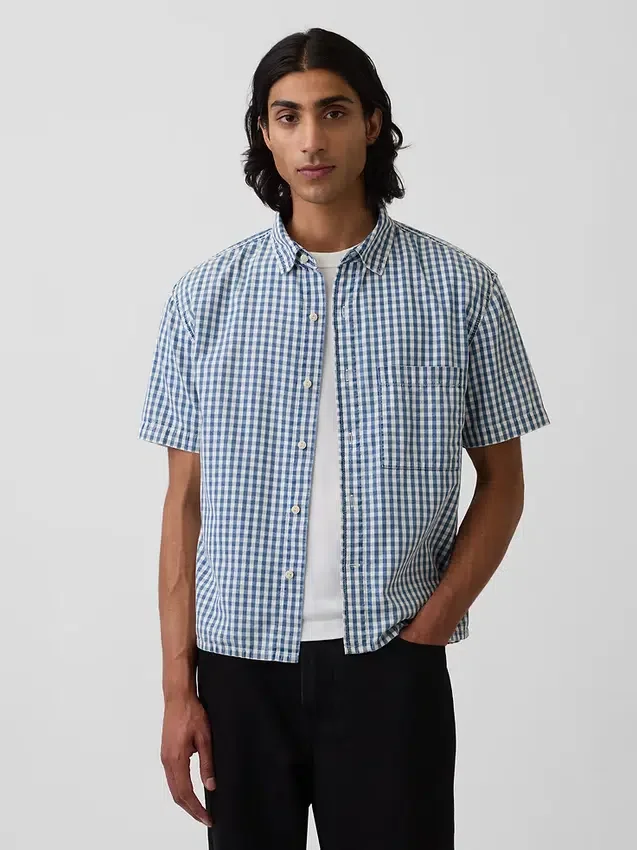 Camisas de denim a cuadros vichy de corte holgado y bajo recto