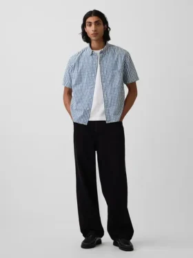 Camisas de denim a cuadros vichy de corte holgado y bajo recto