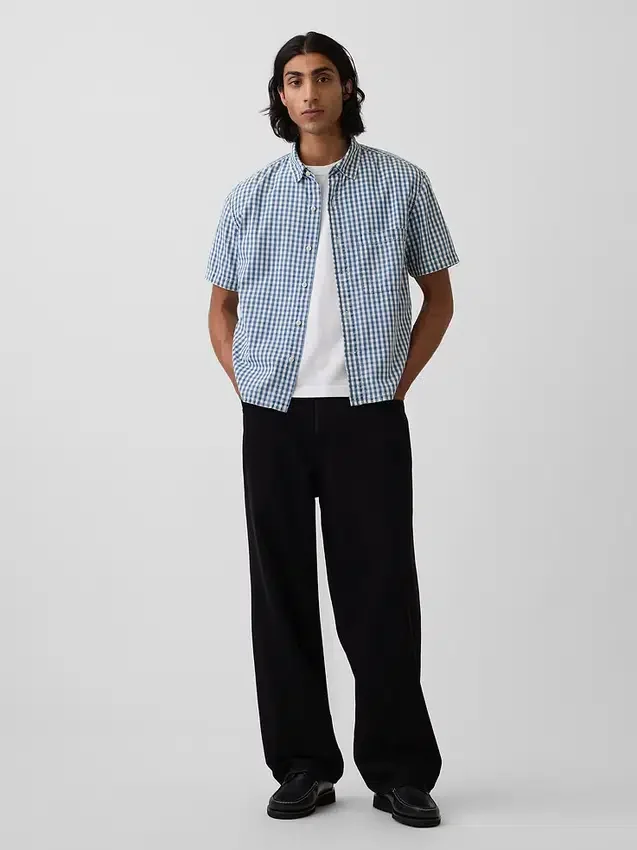 Camisas de denim a cuadros vichy de corte holgado y bajo recto