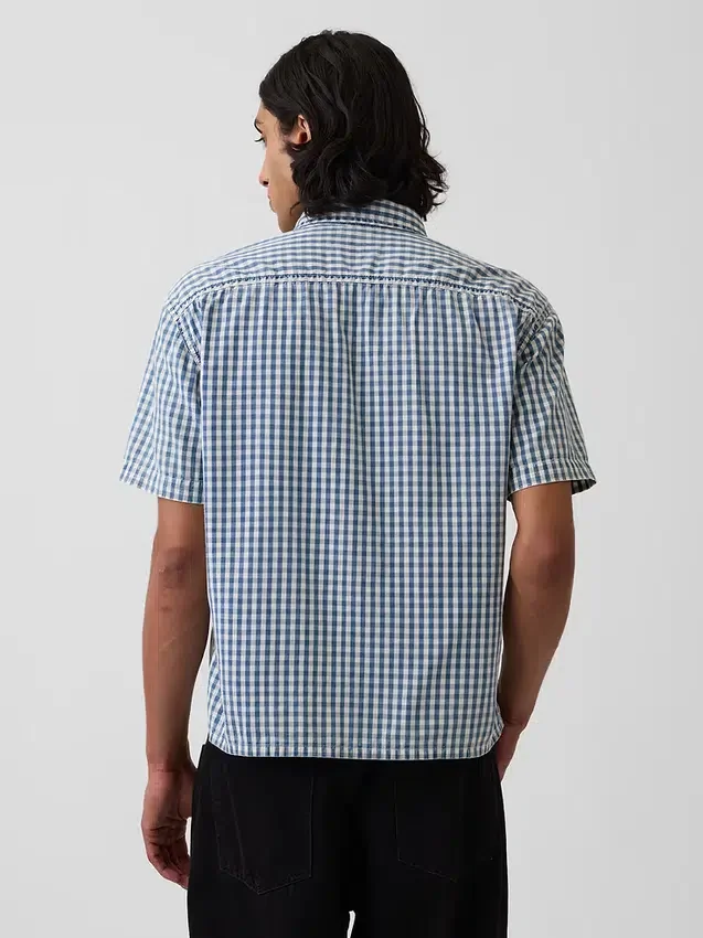 Camisas de denim a cuadros vichy de corte holgado y bajo recto