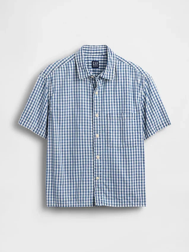 Camisas de denim a cuadros vichy de corte holgado y bajo recto