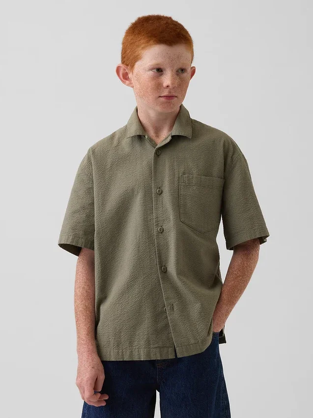 Camisas de vacaciones para niños, de algodón seersucker texturizado y corte holgado