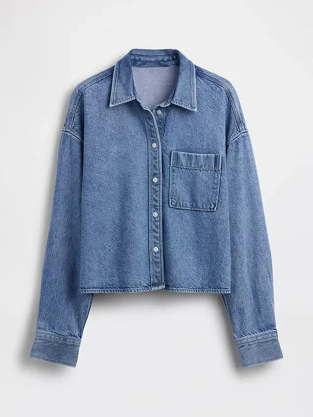 Camisas oversize de denim ultrasuave con bajo recto y corte corto