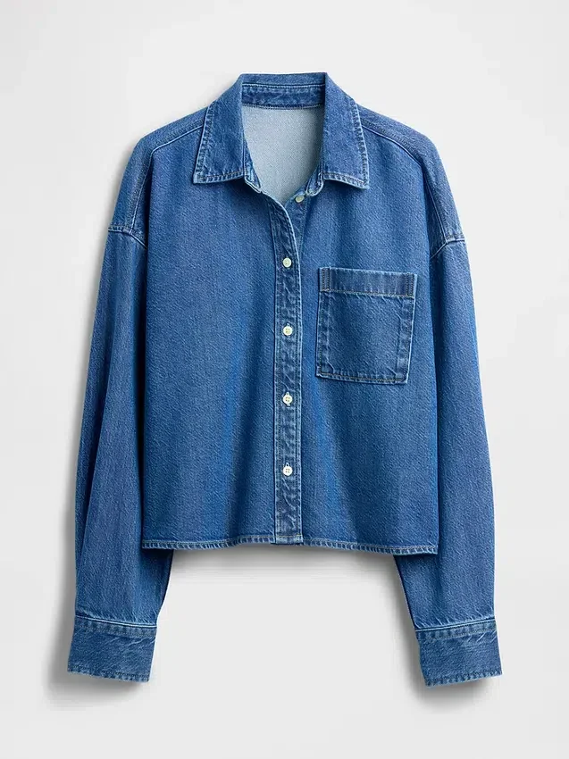 Camisas oversize de denim ultrasuave con bajo recto y corte corto