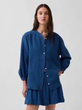 Camisas oversize sin cuello de gasa de algodón vaquera
