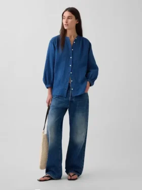 Camisas oversize sin cuello de gasa de algodón vaquera