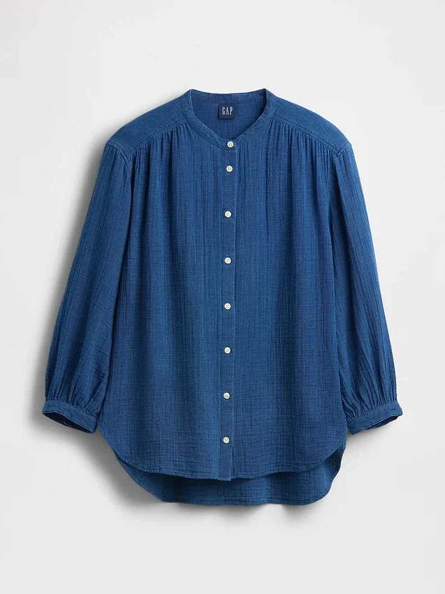 Camisas oversize sin cuello de gasa de algodón vaquera