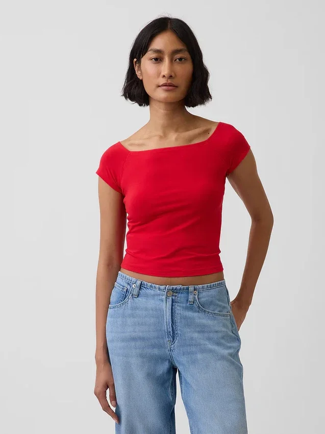 Camiseta corta de tirantes con cuello a la espalda de jersey de punto tupido