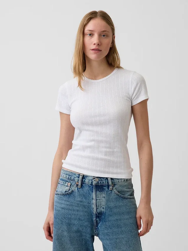 Camiseta de cuello redondo con punto pointelle