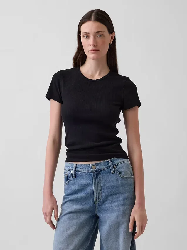 Camiseta de cuello redondo con punto pointelle