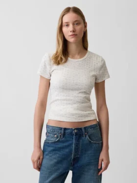 Camiseta de cuello redondo con punto pointelle