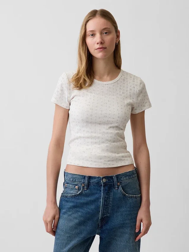Camiseta de cuello redondo con punto pointelle