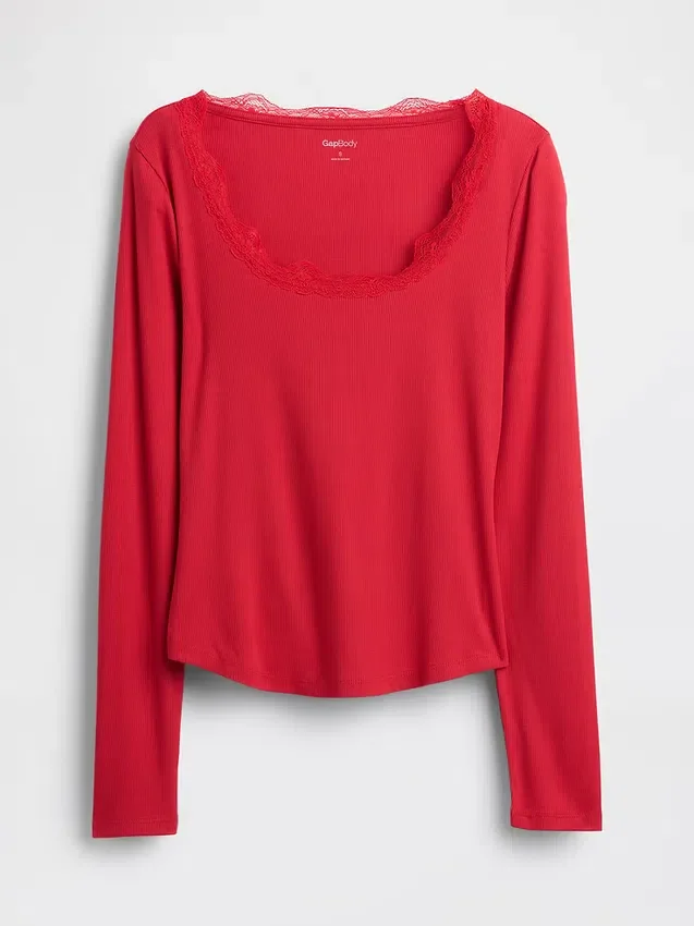 Camiseta de pijama con ribete de encaje y patrón de mini acanalado