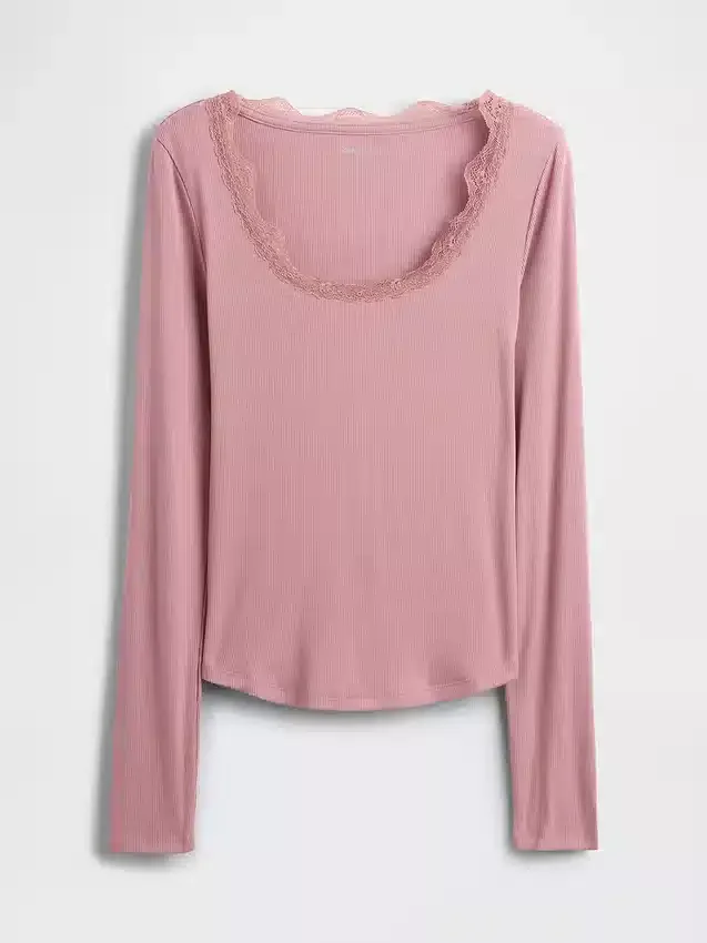Camiseta de pijama con ribete de encaje y patrón de mini acanalado