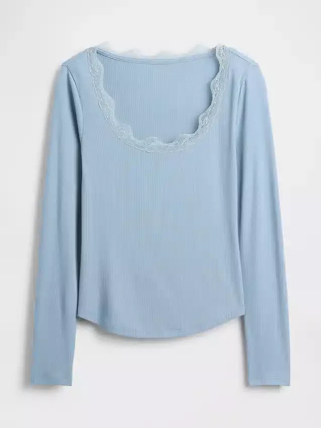 Camiseta de pijama con ribete de encaje y patrón de mini acanalado