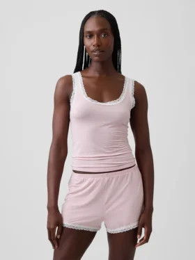 Camiseta de pijama sin mangas de modal supersuave con ribete de encaje