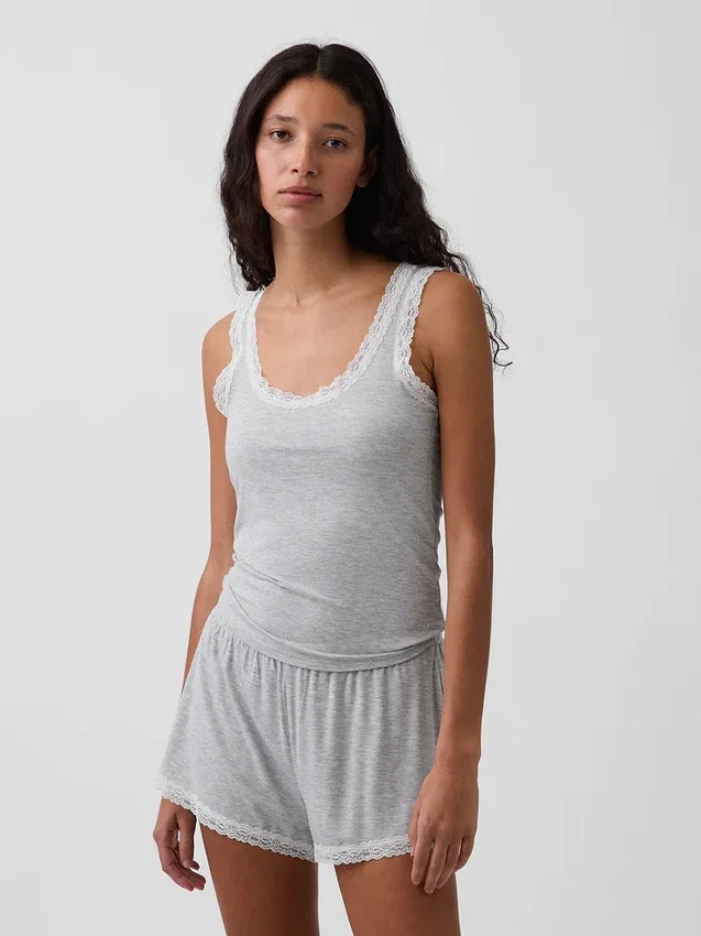 Camiseta de pijama sin mangas de modal supersuave con ribete de encaje
