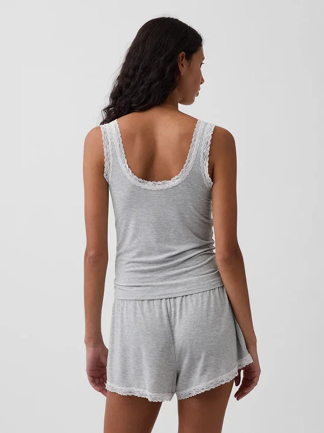 Camiseta de pijama sin mangas de modal supersuave con ribete de encaje