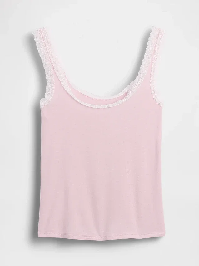 Camiseta de pijama sin mangas de modal supersuave con ribete de encaje