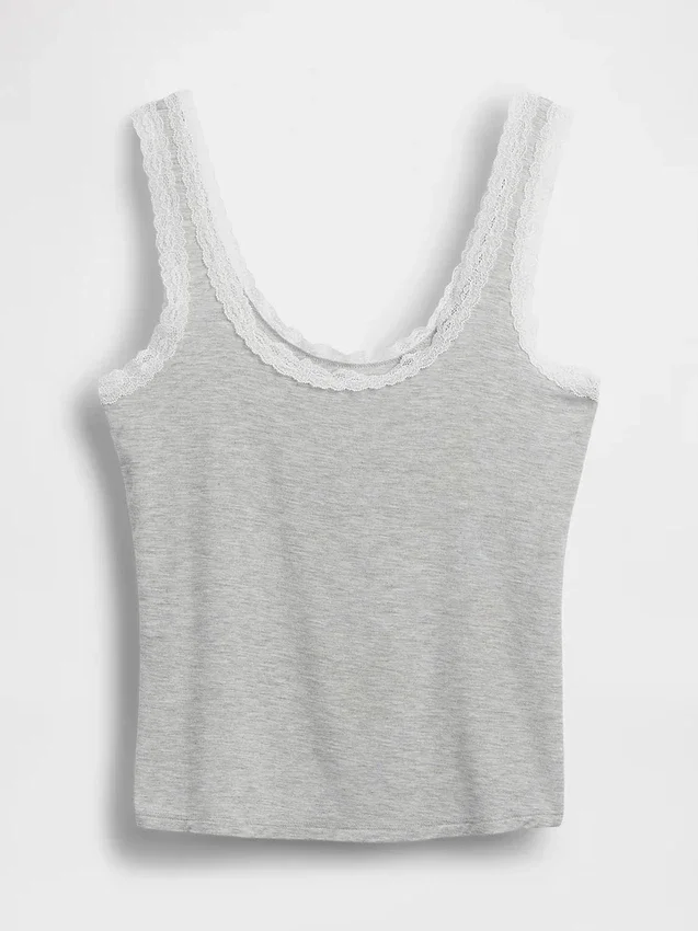 Camiseta de pijama sin mangas de modal supersuave con ribete de encaje