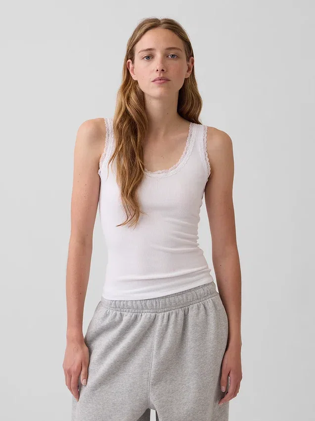 Camiseta de tirantes de pijama con ribete de encaje y canalé fino