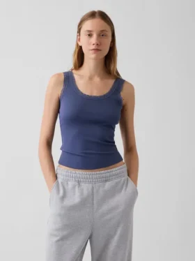 Camiseta de tirantes de pijama con ribete de encaje y canalé fino