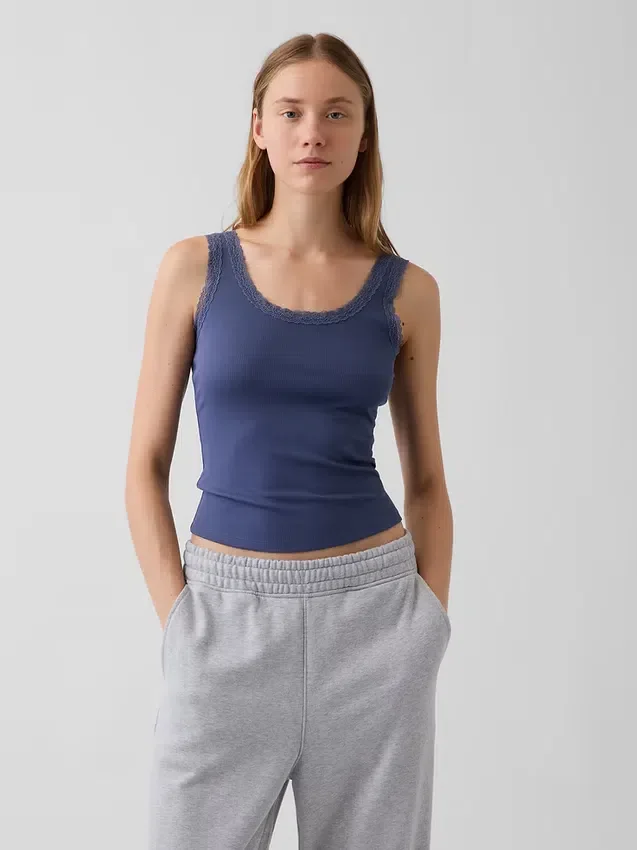 Camiseta de tirantes de pijama con ribete de encaje y canalé fino