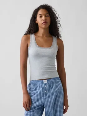 Camiseta de tirantes de pijama con ribete de encaje y canalé fino