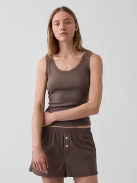 Camiseta de tirantes de pijama con ribete de encaje y canalé fino