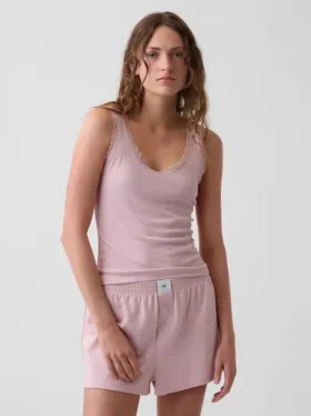 Camiseta de tirantes de pijama con ribete de encaje y canalé fino