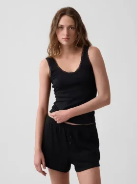 Camiseta de tirantes de pijama con ribete de encaje y canalé fino