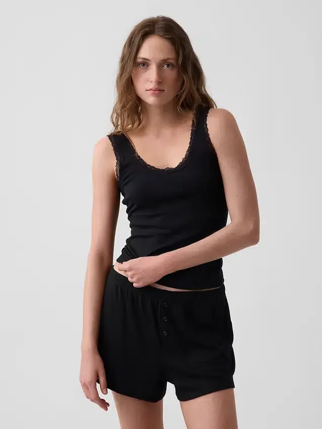 Camiseta de tirantes de pijama con ribete de encaje y canalé fino
