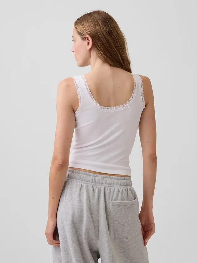 Camiseta de tirantes de pijama con ribete de encaje y canalé fino
