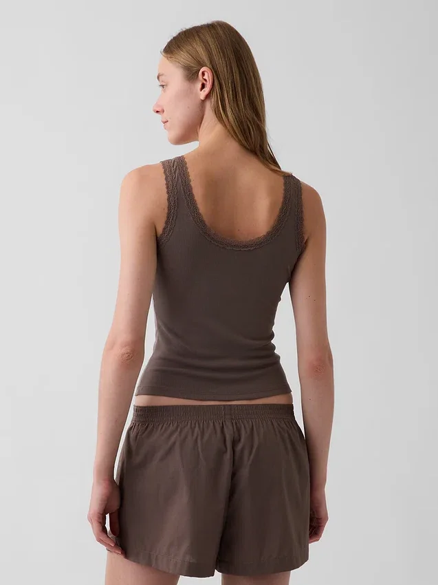 Camiseta de tirantes de pijama con ribete de encaje y canalé fino