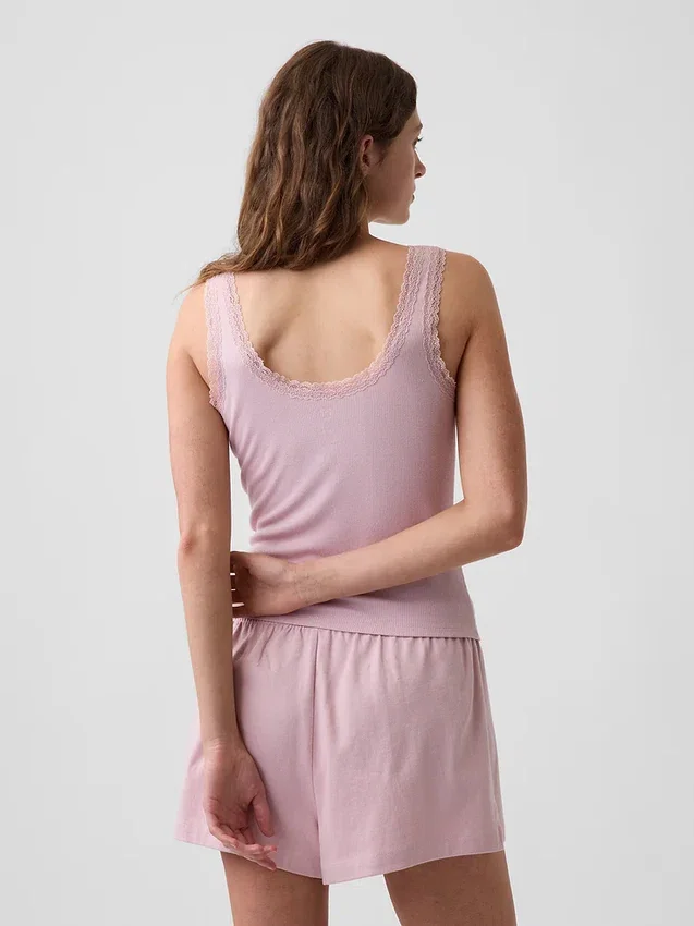 Camiseta de tirantes de pijama con ribete de encaje y canalé fino