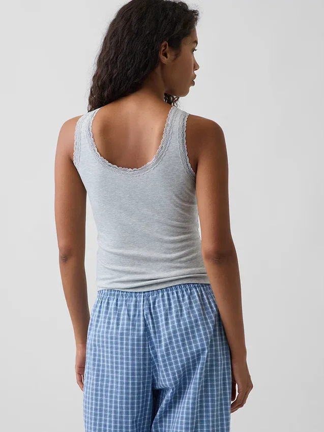 Camiseta de tirantes de pijama con ribete de encaje y canalé fino