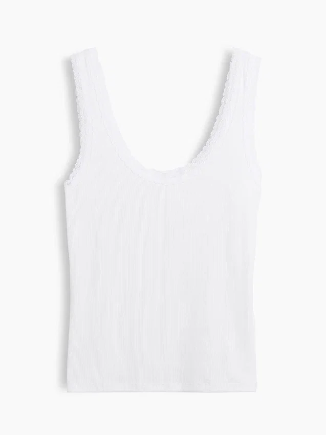 Camiseta de tirantes de pijama con ribete de encaje y canalé fino