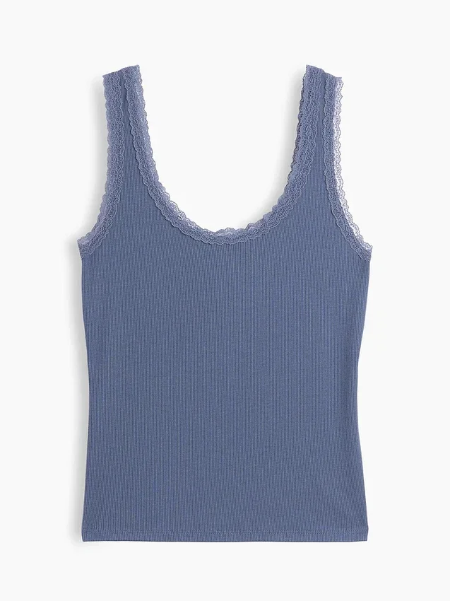 Camiseta de tirantes de pijama con ribete de encaje y canalé fino