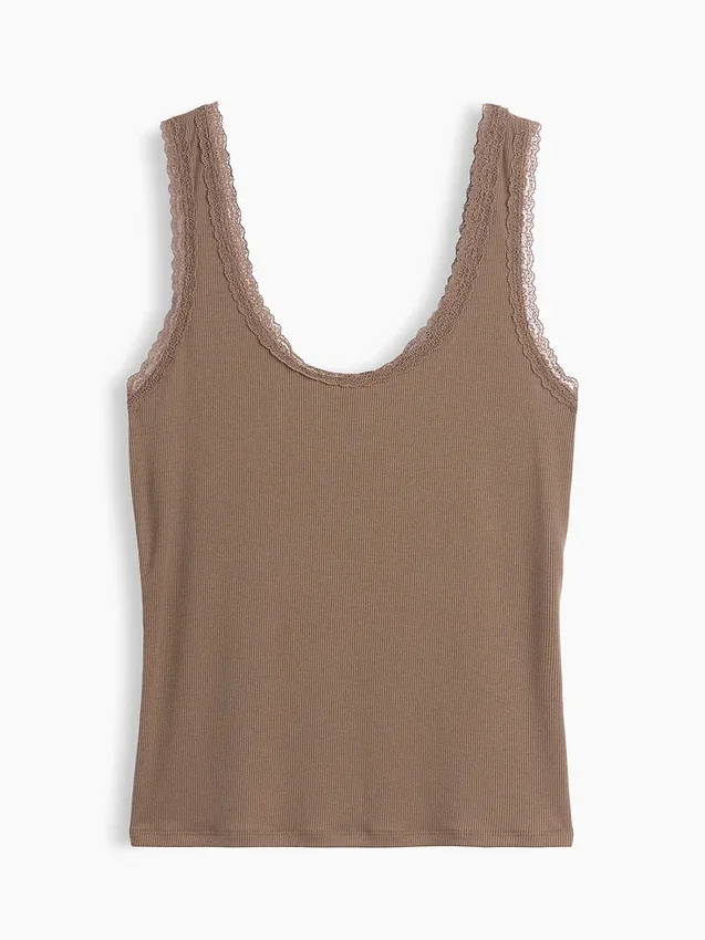 Camiseta de tirantes de pijama con ribete de encaje y canalé fino