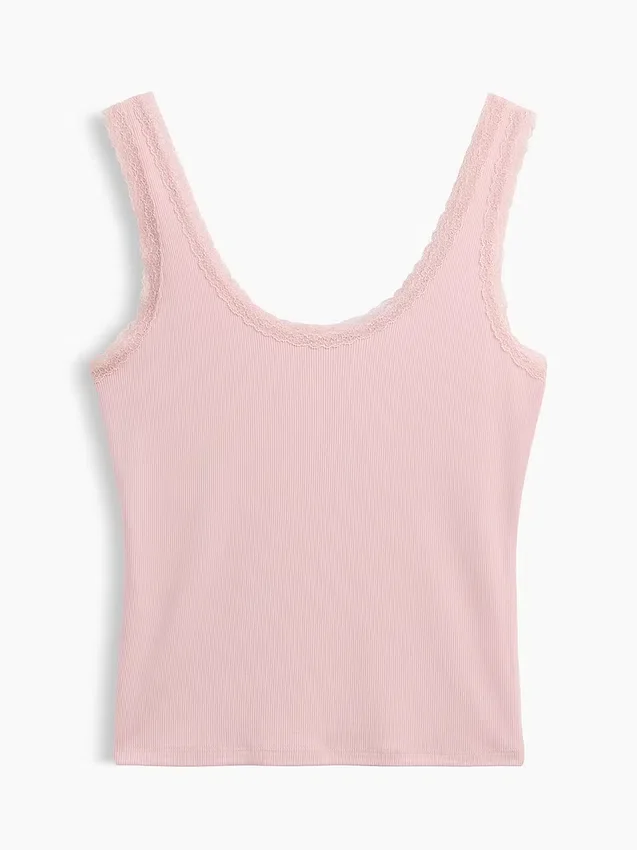 Camiseta de tirantes de pijama con ribete de encaje y canalé fino