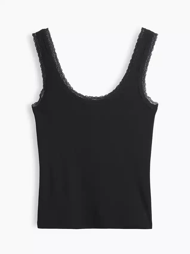 Camiseta de tirantes de pijama con ribete de encaje y canalé fino
